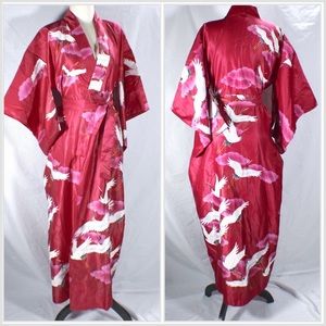 Vintage 1960s Made In Japan Maruky Kyoto Toyko Kimono Crane Floor Length Magenta